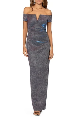 Xscape Evenings Glitter Off the Shoulder Ruched Gown Black/Silver/Fuchsia at Nordstrom,