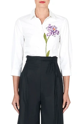 Carolina Herrera Icon Embroidered Flower Cotton Button-Up Shirt in White Multi at Nordstrom, Size 14