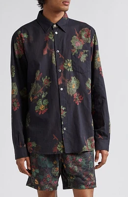 John Elliott Cloak Floral Print Cotton Button-Up Shirt Forest at Nordstrom,