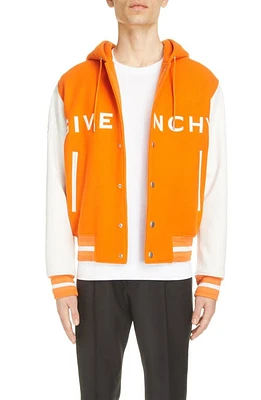 Givenchy Mixed Media Logo Wool Blend Varsity Jacket Orange at Nordstrom, Us