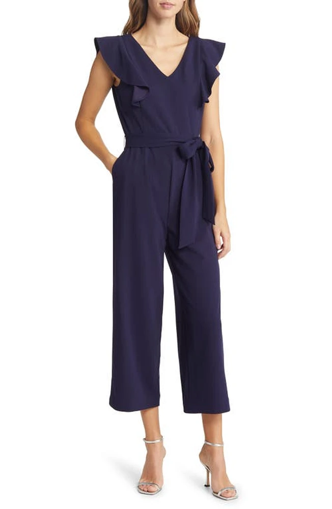 Tahari ASL Ruffle Tie Waist Scuba Crepe Crop Jumpsuit at Nordstrom,