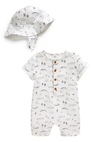 Nordstrom Print Cotton Henley Romper & Hat Set at Nordstrom,