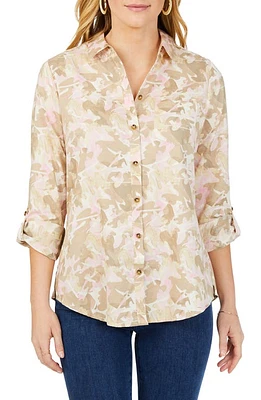 Foxcroft Zoey Abstract Print Roll Tab Non-Iron Cotton Button-Up Shirt Ivory Multi at Nordstrom,