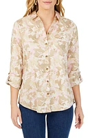 Foxcroft Zoey Abstract Print Roll Tab Non-Iron Cotton Button-Up Shirt Ivory Multi at Nordstrom,