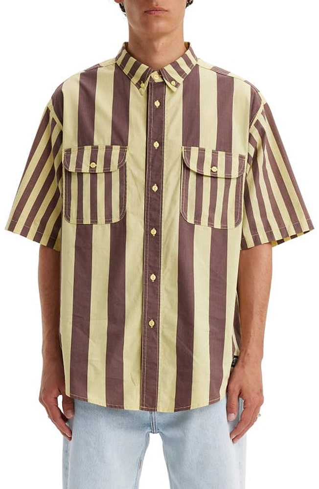 levi's Skateboarding Oversize Stripe Short Sleeve Button-Down Shirt Banana Split Brown Yellow at Nordstrom,