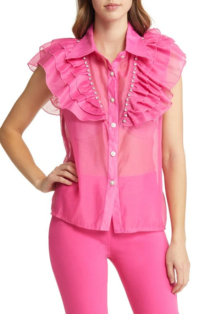 NIKKI LUND Holly Rhinestone Ruffle Button-Up Blouse Bright Pink at Nordstrom,