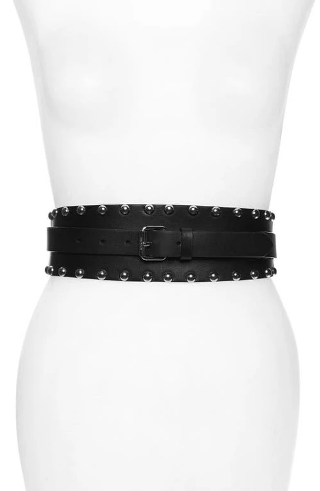 AllSaints Double Wrap Studded Edge Leather Belt Black/Shiny Nickel at Nordstrom,