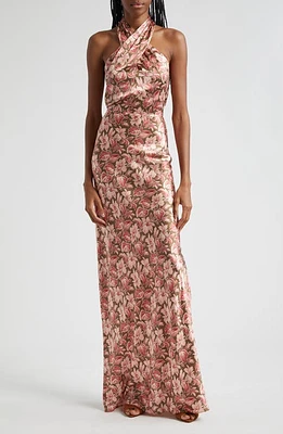 Veronica Beard Alberta Floral Halter Neck Silk Blend Maxi Dress Deep Ochre Multi at Nordstrom,