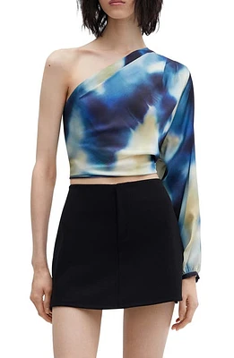 MANGO Watercolor Print Asymmetric One-Shoulder Satin Top Night Blue at Nordstrom,