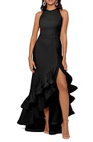 Betsy & Adam Ruffle Halter Crepe Gown at Nordstrom