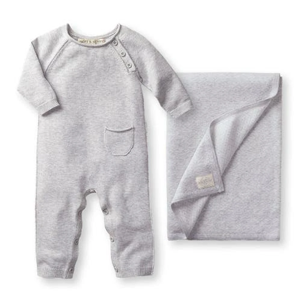 Hope & Henry Baby Raglan Knit Romper & Jacquard Blanket Gift Set in Light Heather Grey at Nordstrom