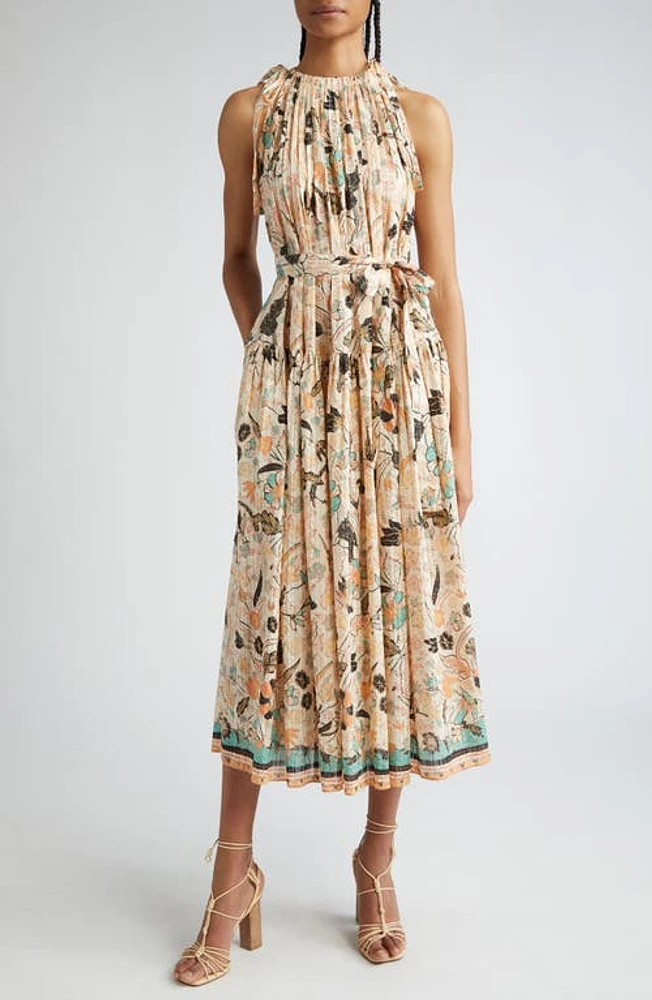 Ulla Johnson Samar Print Sleeveless Ruffle Hem Midi Dress Pearl Flora at Nordstrom,