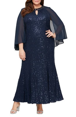 Alex Evenings Sequin Cape Long Sleeve Fit & Flare Gown Navy at Nordstrom,