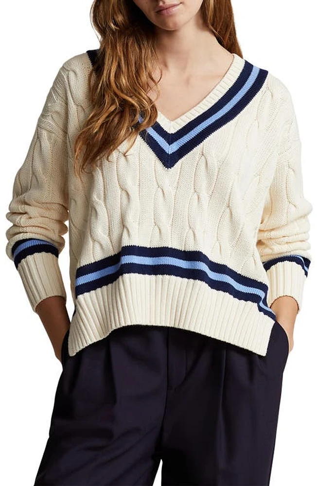 Polo Ralph Lauren Cabled Cotton Cricket Sweater Cream W/Navy Stripe at Nordstrom,