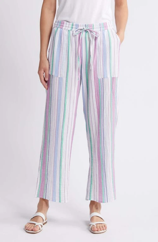 caslon(r) Stripe Wide Leg Cotton Gauze Drawstring Pants White- Pink Blue Joelle at Nordstrom,