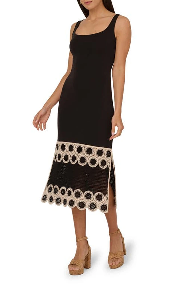 Adrianna Papell Crochet Detail Midi Sheath Dress Black/Ecru at Nordstrom,