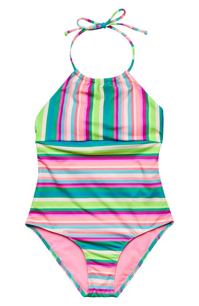 Beach Lingo Kids' Halter One-Piece Swimsuit in Green Multi at Nordstrom, Size 7