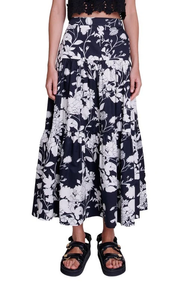 maje Tiered Floral Cotton Maxi Skirt Print Ecru Black at Nordstrom,