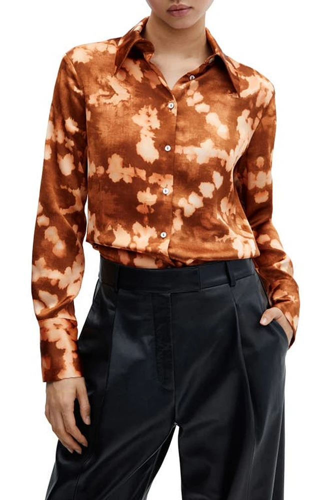 MANGO Tie Dye Satin Button-Up Shirt in Brown at Nordstrom, Size 8