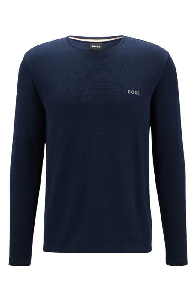 BOSS Long Sleeve Waffle Knit Cotton Blend T-Shirt Dark Blue at Nordstrom,