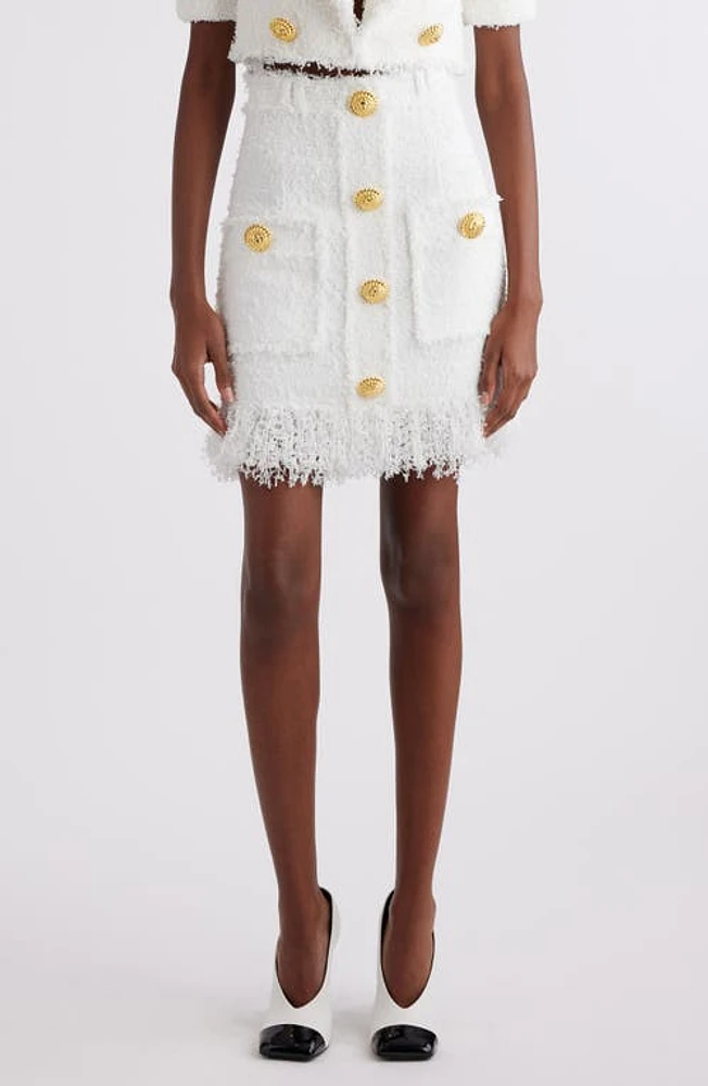 Balmain Button Detail Fringed Tweed Skirt 0Fa White at Nordstrom, Us