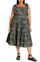 City Chic Gloria Animal Print Tiered Midi Sundress in Sage Serene Skin at Nordstrom, Size Xl