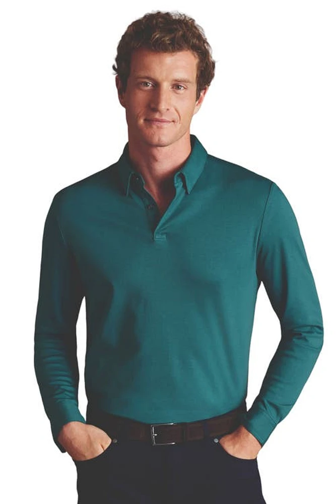 Charles Tyrwhitt Plain Long Sleeve Jersey Polo Teal Green at Nordstrom,