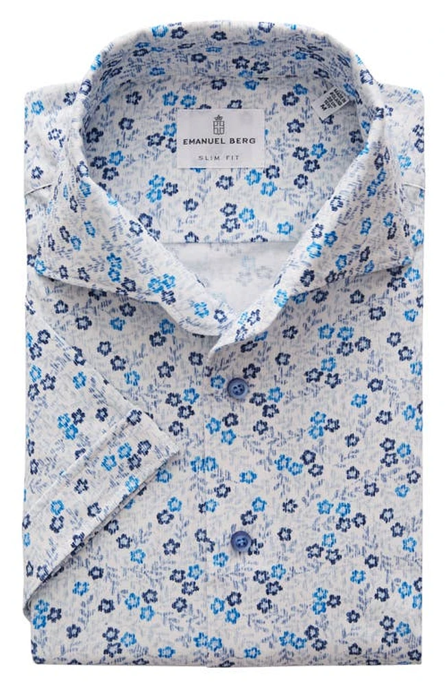 Emanuel Berg Floral Short Sleeve Knit Button-Up Shirt Bright Blue at Nordstrom,