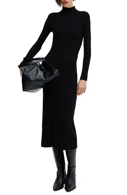 MANGO Mock Neck Long Sleeve Rib Sweater Dress Black at Nordstrom,