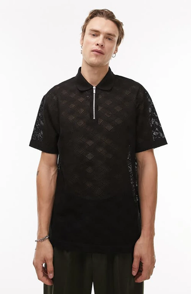 Topman Oversize Diamond Mesh Zip Polo Black at Nordstrom,