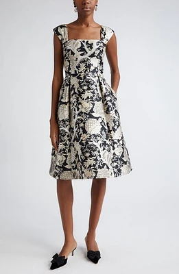 Carolina Herrera Floral Jacquard Fit & Flare Midi Dress Black/White at Nordstrom,