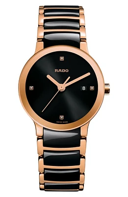 RADO Centrix Diamond Ceramic Bracelet Watch, 28mm in Rose Gold/Black at Nordstrom