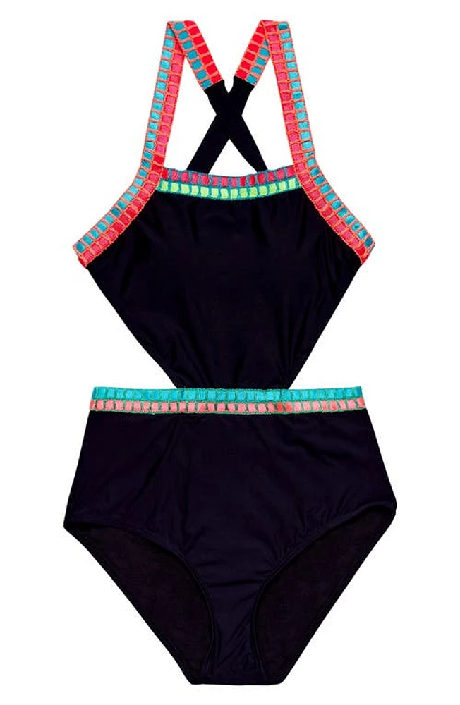 Beach Lingo Kids' Cutout Embroidered One-Piece Swimsuit Black at Nordstrom,