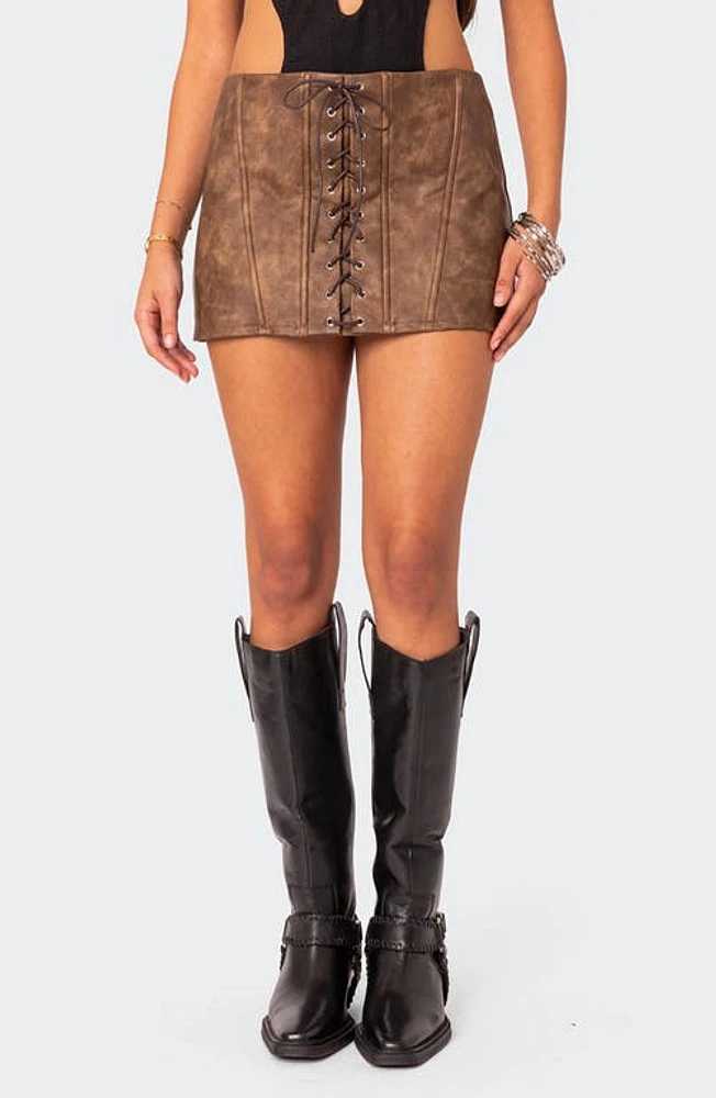 EDIKTED Ainsley Lace-Up Front Faux Leather Miniskirt Brown-Washed at Nordstrom,