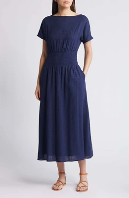 Faherty Coast to Smocked Waist Organic Cotton Maxi Dress Navy at Nordstrom,