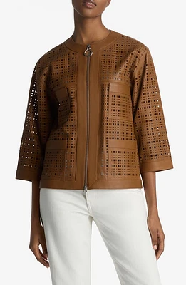 St. John Collection Laser Cut Leather Jacket Saddle at Nordstrom,