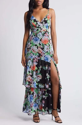 Lulus Effortless Energy Tiered Ruffle Maxi Dress Black/Blue/Green at Nordstrom,