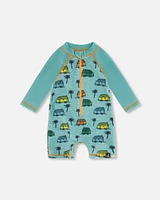 Deux Par Deux Baby Boy's Long Sleeve One Piece Rashguard Printed Beach Caravan at Nordstrom, Size 18-24M