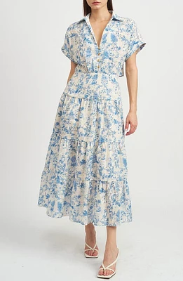 En Saison Davina Floral Eyelet Tiered Midi Shirtdress in Blue at Nordstrom, Size X-Small