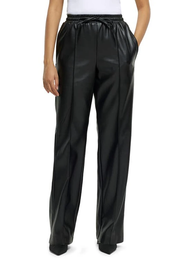 River Island Drawstring Waist Wide Leg Faux Leather Pants Black at Nordstrom,