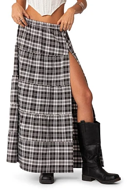 EDIKTED Plaid Tiered Slit Maxi Skirt Black-And-White at Nordstrom,