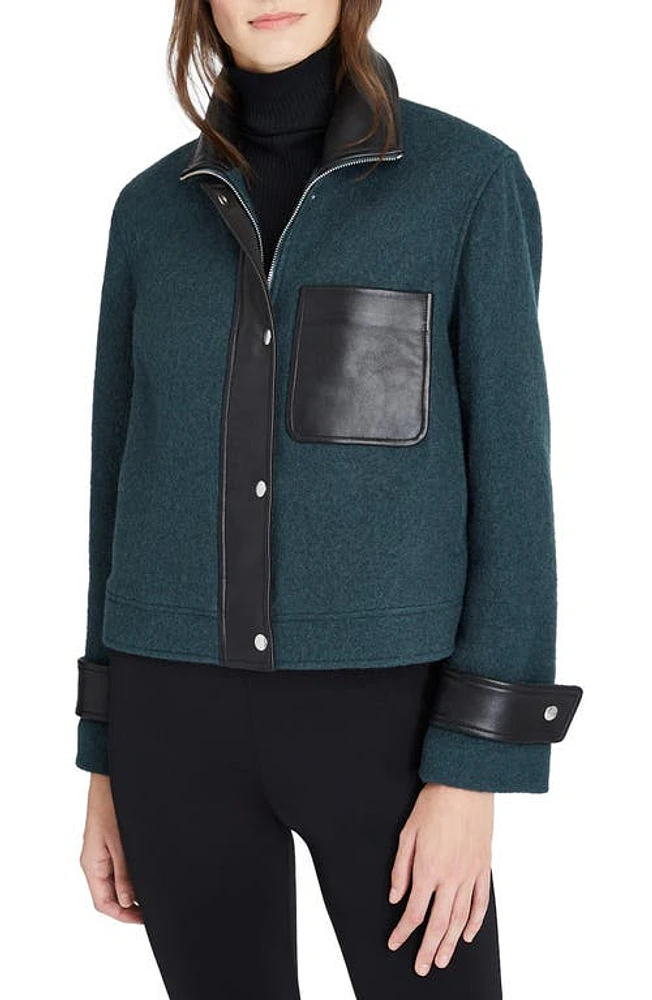 Club Monaco Leather Detail Wool Jacket Green/Vert at Nordstrom,