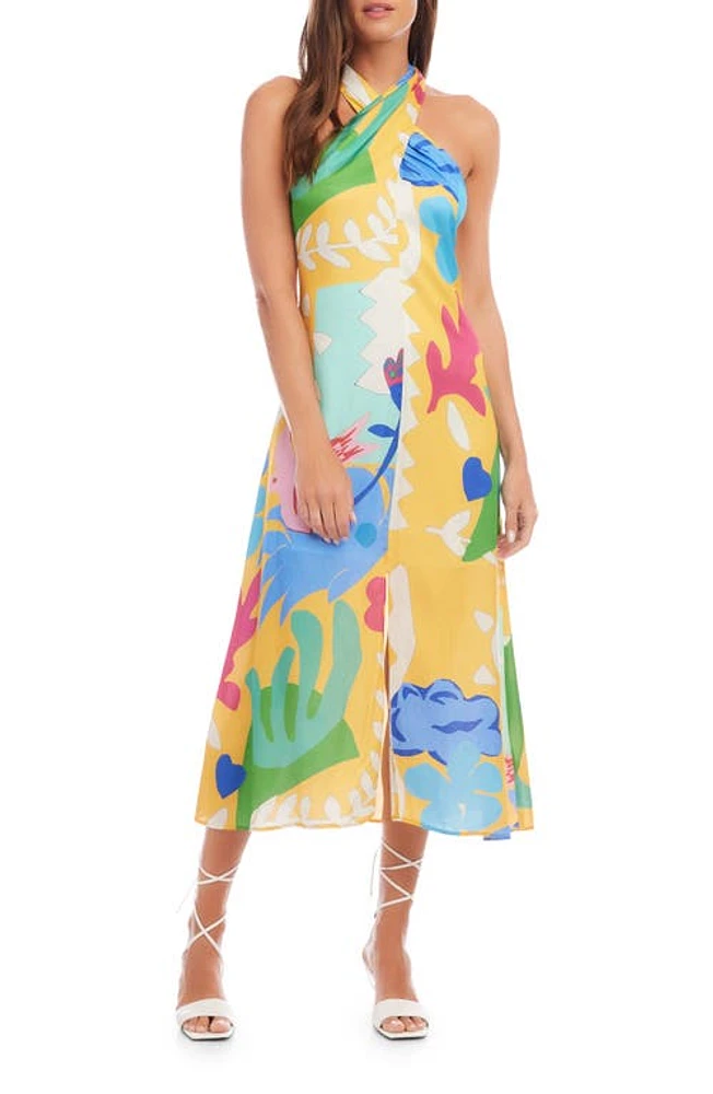 FIFTEEN TWENTY Ivy Printed Crossover Neck Midi Dress Yellow Print at Nordstrom,