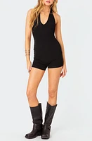 EDIKTED Melanie Rib Open Back Halter Romper Black at Nordstrom,