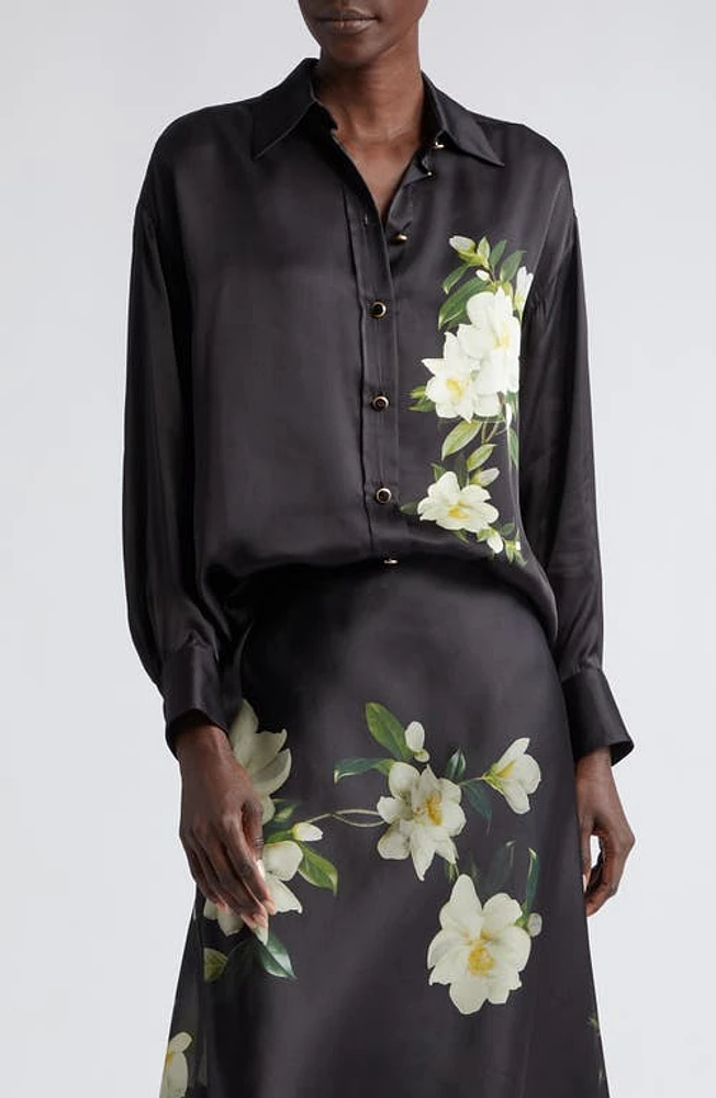 Zimmermann Harmony Floral Print Silk Button-Up Shirt Black Magnolia at Nordstrom,