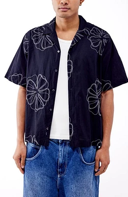 BDG Urban Outfitters Stitch Floral Cotton Camp Shirt Black at Nordstrom,