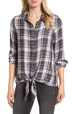 Bobeau Tie Front Plaid Shirt in Grey/Black Plaid at Nordstrom, Size Large