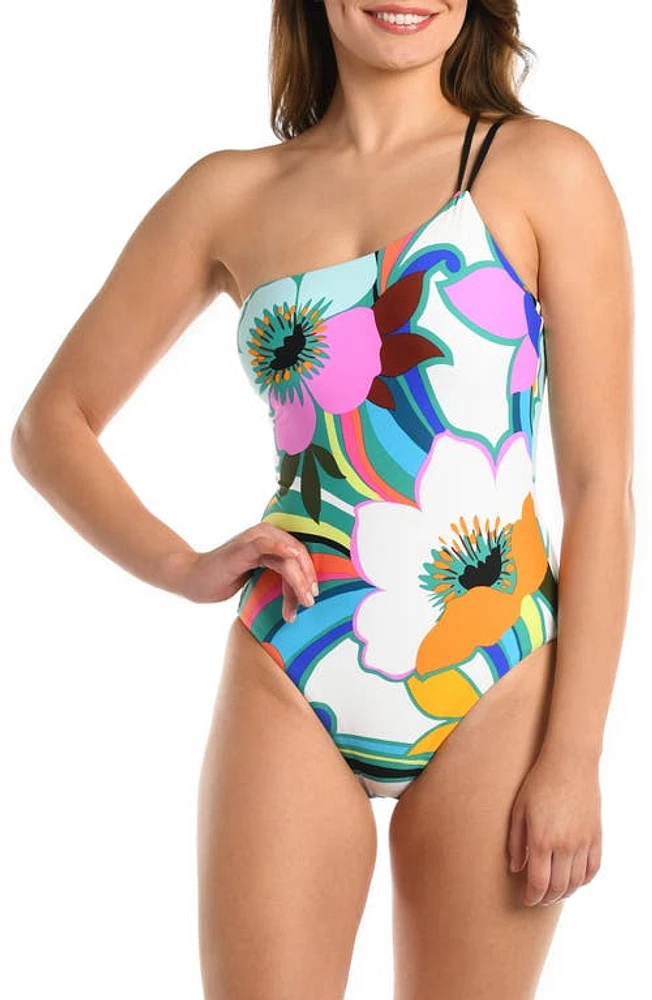 La Blanca Suncatcher One-Shoulder Lace-Up Back One-Piece Swimsuit White Floral Multi at Nordstrom