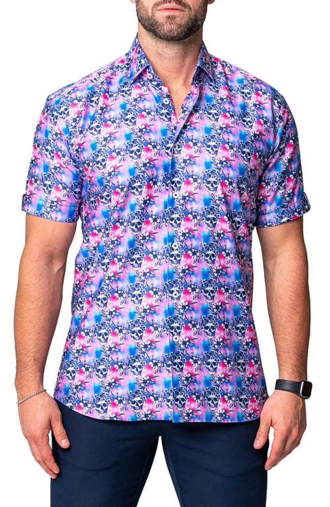 Maceoo Galileo Flower Skull Regular Fit Short Sleeve Button-Up Shirt Pink at Nordstrom,