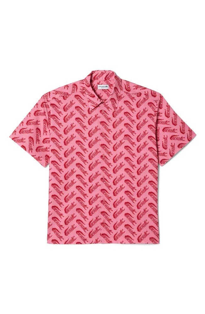 Lacoste Relaxed Fit Logo Print Short Sleeve Button-Up Shirt Lighthouse Red/Reseda at Nordstrom,